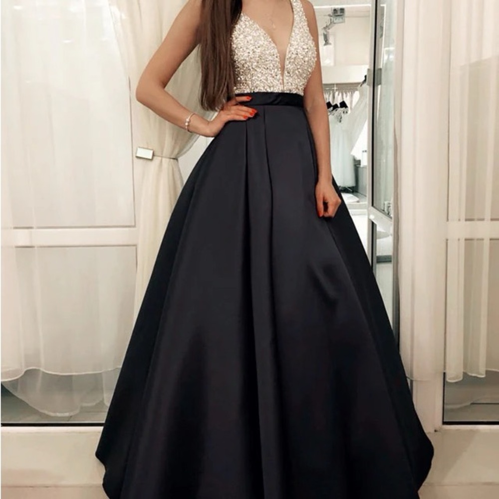 Black and White Embellished Plunge Gown